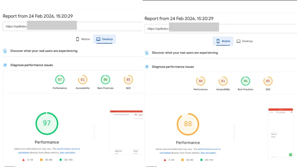 hasil optimasi WordPress dengan Perfmatters PageSpeed hijau