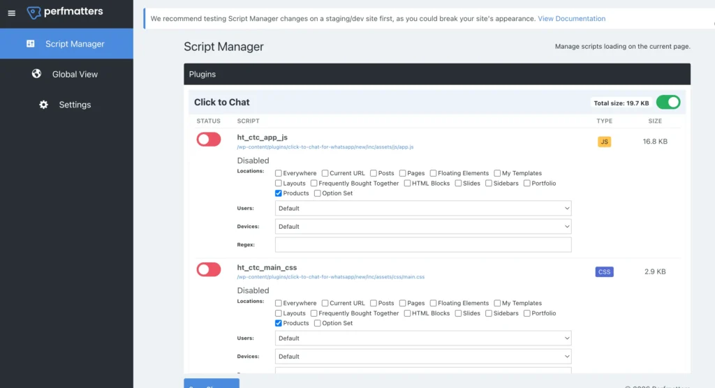 Script Manager Perfmatters menonaktifkan plugin per halaman