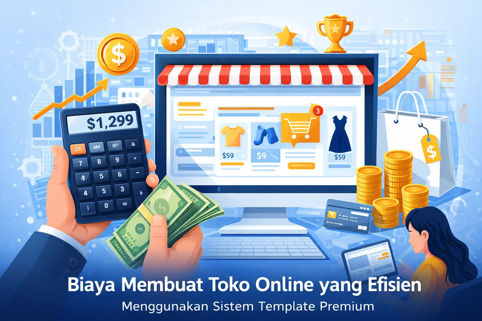Ilustrasi biaya membuat toko online yang efisien menggunakan sistem template premium.
