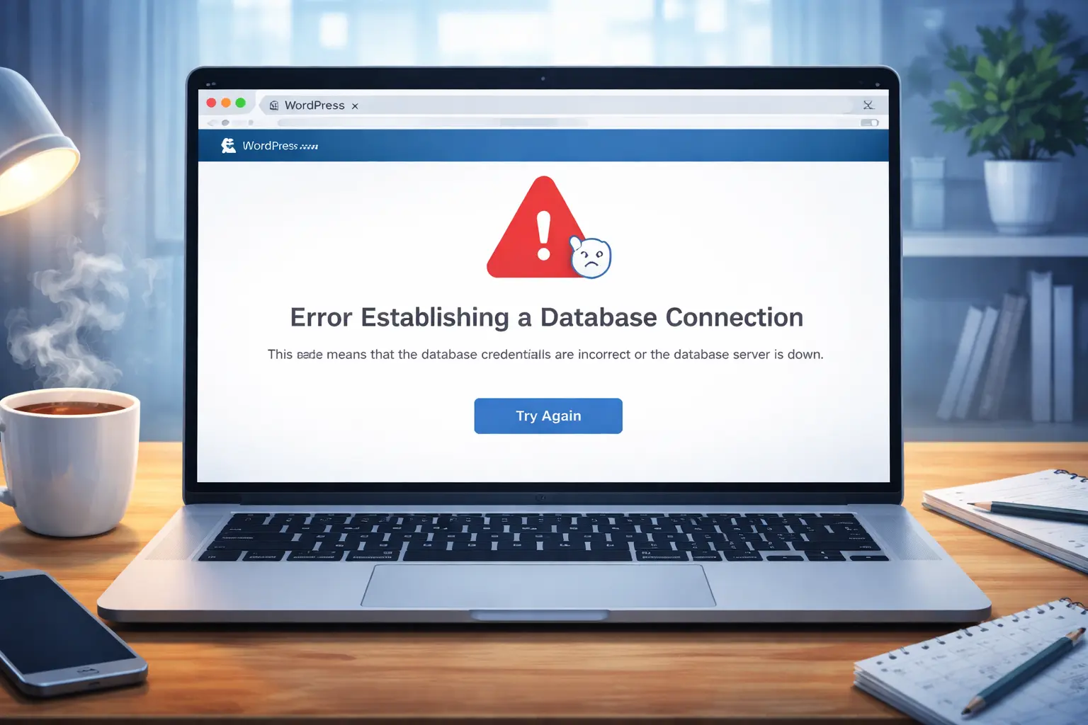 Tampilan layar Error Establishing a Database Connection pada website WordPress.
